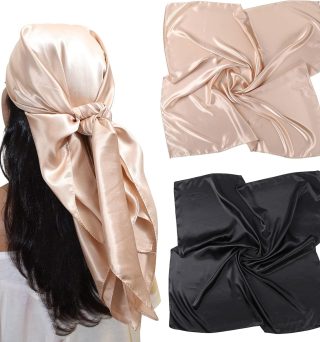 35” Large Satin Square Head Scarf - 2Pcs Silk Like Floral Head Scarves Square Satin Hair Scarf Bandanas for Women