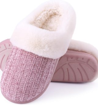 Warm Knit House Slippers for Women Comfy Wool-Like Lined Chenille Slippers with Memory Foam and Indoor Outdoor Soles
